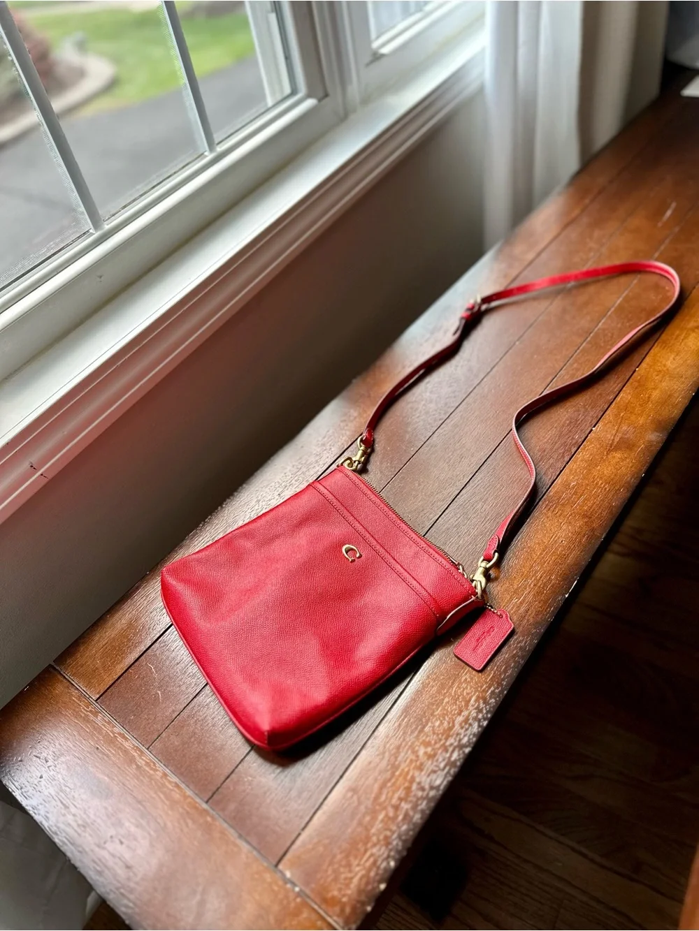 Coach Red Pebbled Leather Crossbody Purse with Gold Hardware